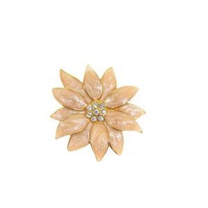 Festive Cream Colored on Gold Tone Enamel & Rhinestone Flower Brooch